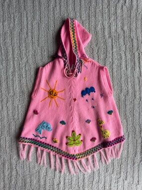 Hand Embroidery Pink Hooded Kids Poncho with Sun & Animal size 8